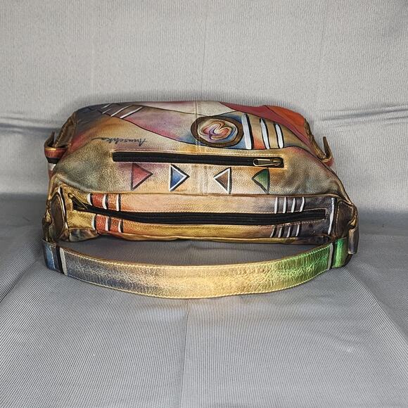 Anuschka Hand Painted Leather Satchel Multicolor Abstract Designs Shoulder Bag - Picture 10 of 12